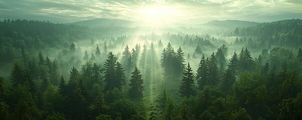 Poster - Aerial View forest idea. A serene forest landscape with mist, sunlight filtering through tall trees, and tranquility.