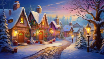 Wall Mural - picturesque winter village with snow-covered roofs and cobblestone path illuminated in the evening artwork design