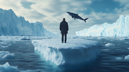 Wall Mural - An investor sailing on a drifting iceberg in the Arctic Ocean, dressed in an elegant, insulated business suit adapted for extreme cold. The investor stands at the edge of the iceberg