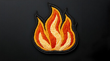 Flame patch design featuring vibrant orange and yellow colors on a black background, ideal for fashion and textile applications.