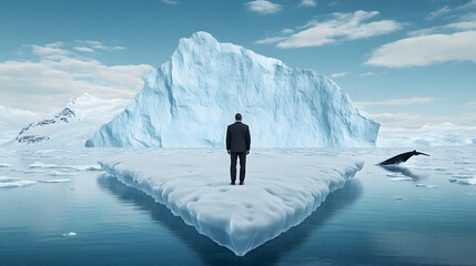 Wall Mural - An investor sailing on a drifting iceberg in the Arctic Ocean, dressed in an elegant, insulated business suit adapted for extreme cold. The investor stands at the edge of the iceberg