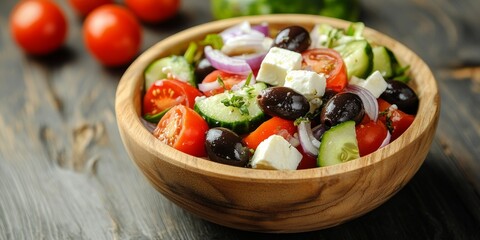 Poster - A wooden bowl brimming with a colorful salad composed of tomatoes, olives, cucumbers, feta cheese, and red onion, perfect for topics related to health and nutrition.