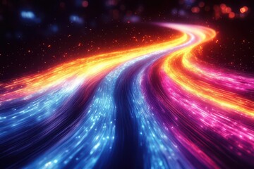 Wall Mural - vibrant neon fiber optic lines weaving through darkness, creating a mesmerizing abstract texture that conveys speed and innovation in technology, illuminated against a black backdrop
