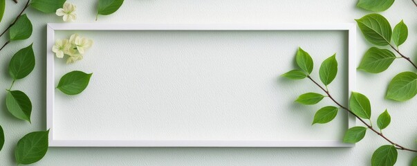 Poster - Tropical frame concept. A clean, minimalistic layout with fresh leaves and flowers framing a blank space.