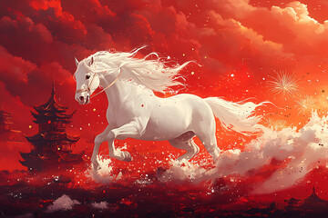 Wall Mural - a majestic white horse gallops through a fiery landscape with a pagoda and fireworks.