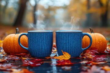 Wall Mural - warm autumn scene evoking feelings of coziness and comfort, with steaming mugs of hot beverages placed amongst fallen leaves and pumpkins, inviting reflection and relaxation