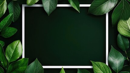 Fototapete - Tropical frame concept. A vibrant arrangement of green leaves framing a blank space for text or images.