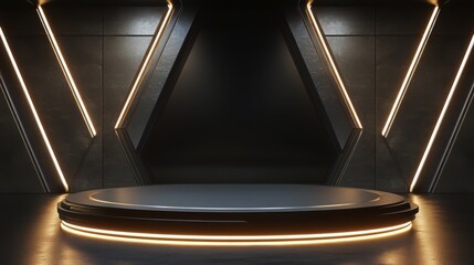 Wall Mural - modern futuristic dark podium with dynamic lighting and reflection effects for high-tech presentatio