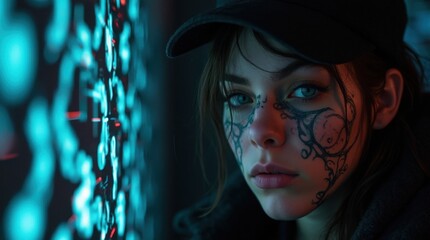 hacker with glowing tattoos and intricate patterns