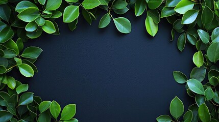 Fototapete - Tropical frame concept. Vibrant green leaves framing a dark background, perfect for nature-themed designs.