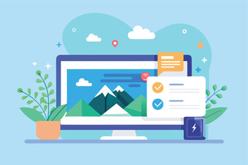 Aufkleber - Vector illustration depicting a modern workspace with a computer displaying a banner design, showcasing creativity and digital marketing