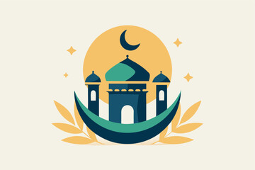 Poster - Creative vector illustration depicting a nighttime cityscape with a crescent moon and glowing stars above unique architectural designs