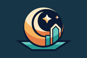 Poster - Creative vector illustration depicting a nighttime cityscape with a crescent moon and glowing stars above unique architectural designs