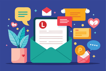 Aufkleber - Colorful vector illustration depicting digital communication with speech bubbles, letters, and items representing online interaction and engagement