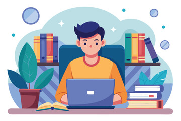 Aufkleber - Focused student working on a laptop at a well-organized study space surrounded by books and plants in the evening