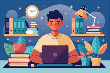 Aufkleber - Focused student working on a laptop at a well-organized study space surrounded by books and plants in the evening
