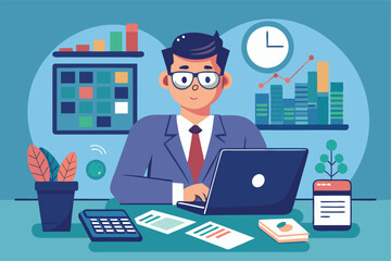 Aufkleber - Business professional working on a laptop at a modern office desk with financial charts, calculator, and coffee cup