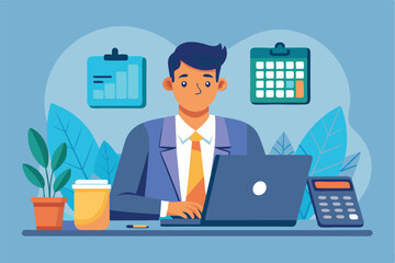 Aufkleber - Business professional working on a laptop at a modern office desk with financial charts, calculator, and coffee cup