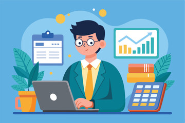 Aufkleber - Business professional working on a laptop at a modern office desk with financial charts, calculator, and coffee cup