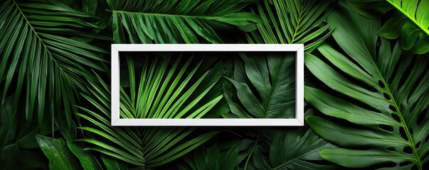 Fototapete - Tropical frame concept. A vibrant arrangement of tropical leaves with a blank frame for image overlay.
