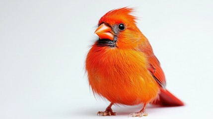 A vibrant red bird with a distinctive crest and orange beak, perched against a plain white background.