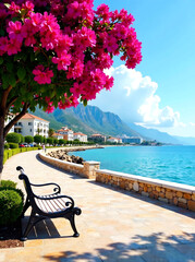 Wall Mural - Beautiful resort promenade with a bench and blooming colorful Oleanders against the backdrop of Mediterranean Sea and blue sky new image 