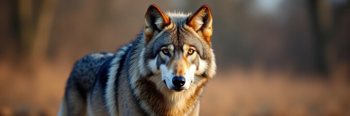  A majestic wolf with striking golden eyes gazes intensely into the distance against a backdrop of muted earthy tones capturing its raw power and inherent beauty