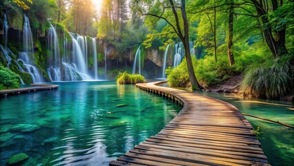 Canvas Print - Serene Waterfall Oasis Tranquil Wooden Pathway Meandering Through Lush Greenery to a Crystal-Clear Pond