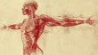 © Extra - Human Anatomy Study Musculature, Sketch, Red, Vintage, Art, Figure, Body, Drawing, Muscles, Illustra. Generative Ai.