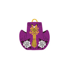 Wall Mural - Vector illustration of korean lucky bag, purple color with pockets. Traditional asian amulet.