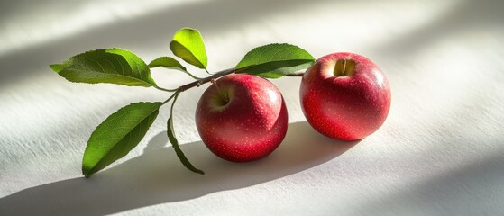 two red apples with leaves on a white surface