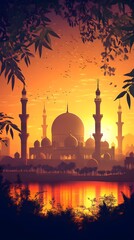 Wall Mural - luxurious and magnificent mosque building, with a large and beautiful garden, with a beautiful view of the sunset in the afternoon