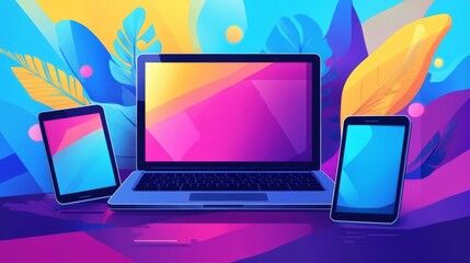 Wall Mural - modern digital devices displayed on a vibrant abstract background featuring a laptop, desktop pc, an