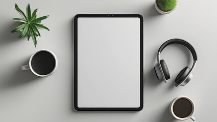 Sleek tablet mockup beside coffee, headphone, and greenery on a clean workspace. Ideal for showcasing app designs or product features.