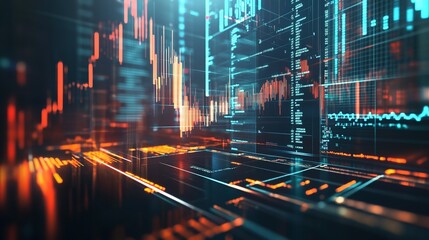 A futuristic image of AI-powered financial trading systems with digital graphs.