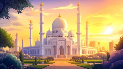 Wall Mural - luxurious and magnificent mosque building, with a large and beautiful garden, with a beautiful view of the sunset in the afternoon