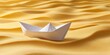 © Ahmad - White paper boat resting on yellow wavy sand, symbolizing drought and desertification. This image highlights the critical issues of climate change and environmental conservation. Front view.