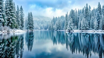 Sticker - Serene winter landscape featuring snow-covered evergreens reflected in a tranquil lake's still waters