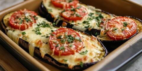 Wall Mural - Baked eggplant topped with cheese and fresh tomatoes creates a delightful dish. This eggplant recipe highlights the perfect combination of cheese and tomatoes for a delicious meal.