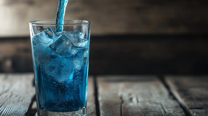 pouring blue soda in a glass against a wooden surface background with copy space