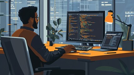 Flat vector style of a software developer typing code on a laptop in a modern office.