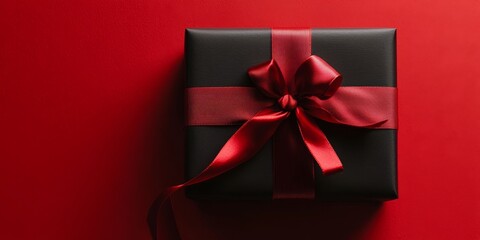 Red ribbon gift box on a vibrant red background, showcasing a beautifully wrapped gift box with a striking red ribbon, perfect for celebrations or special occasions featuring gift boxes.