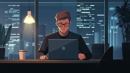 Flat vector style of a software developer typing code on a laptop in a modern office.