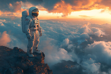 Wall Mural - An astronaut stands on a rocky outcrop above a sea of clouds during a vibrant sunset.
