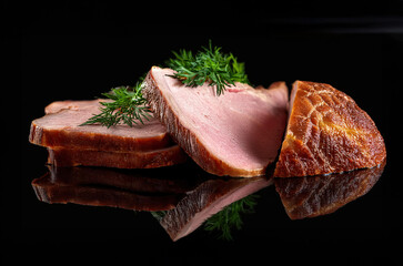 Poster - Sliced ham on a black background