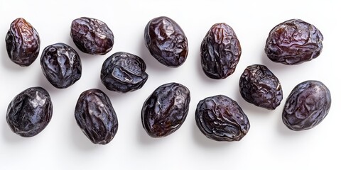 Delicious prunes arranged on a white background, showcasing the enticing appearance of prunes that highlight their savory and sweet characteristics, perfect for a variety of culinary uses.