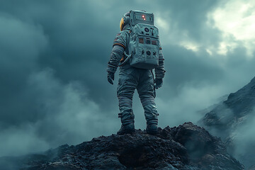 Wall Mural - Astronaut standing on a rocky landscape under dramatic clouds, evoking exploration themes.