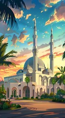 Wall Mural - luxurious and magnificent mosque building, with a large and beautiful garden, with a beautiful view of the sunset in the afternoon