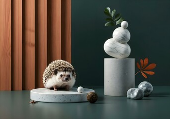 abstract surreal still life, eco-friendly interior with figures made of natural materials and hedgehog. Generative AI