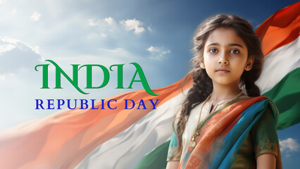 Wall Mural - India Republic Day Banner with Indian Girl Portrait on Wavy National Flag and Cloudy Background Photo. Fictional Character Created By Generative AI.